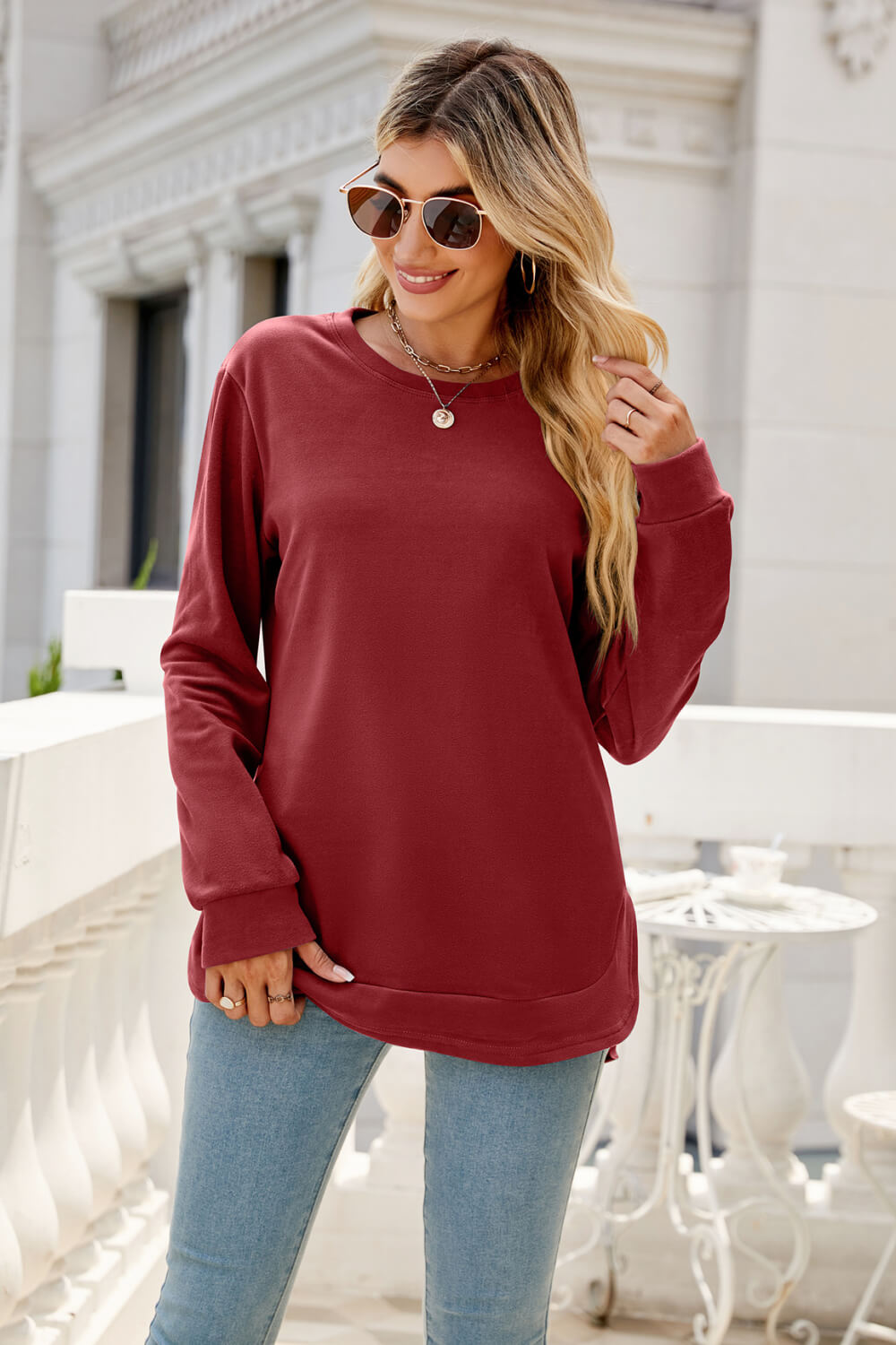 Round Neck Slit Tunic Top - Red / S - T-Shirts - Shirts & Tops - 11 - 2024