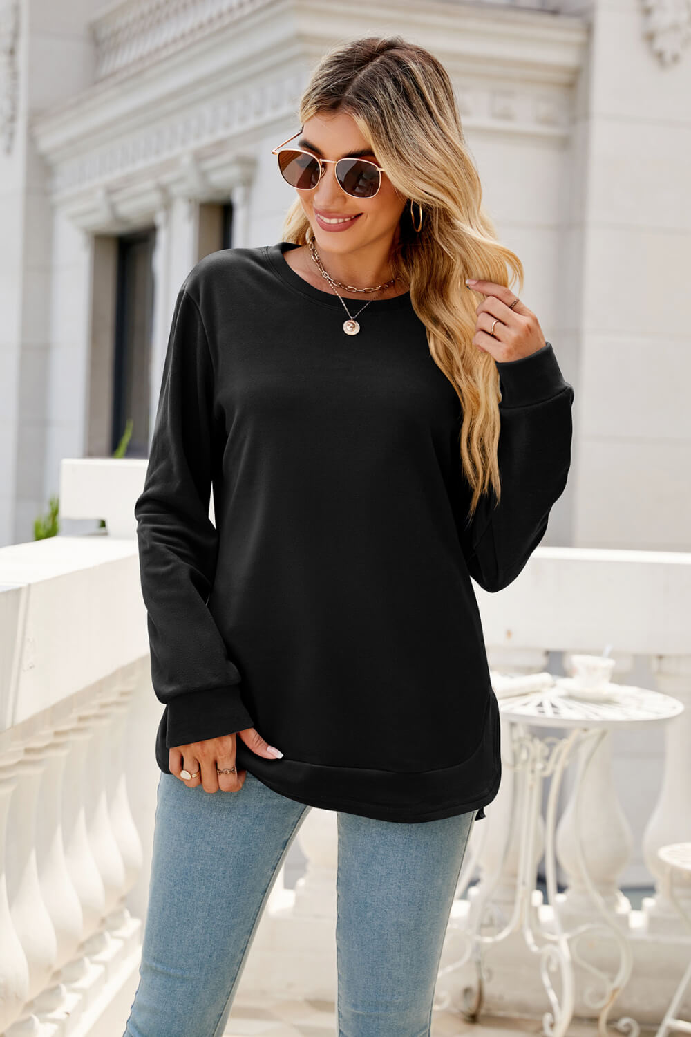 Round Neck Slit Tunic Top - Black / S - T-Shirts - Shirts & Tops - 16 - 2024