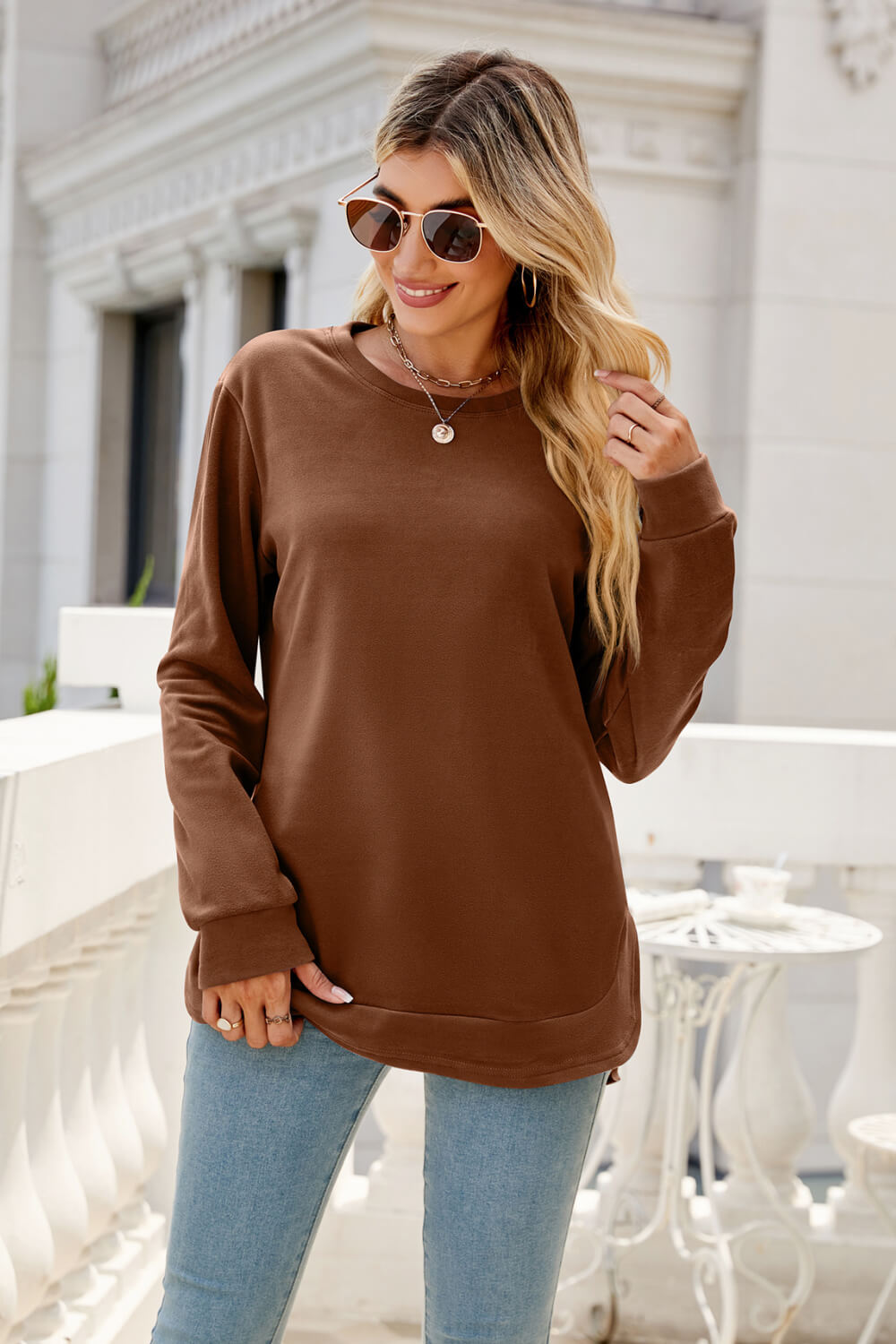 Round Neck Slit Tunic Top - Brown / S - T-Shirts - Shirts & Tops - 20 - 2024