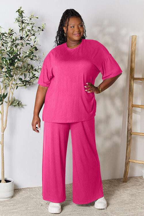 Round Neck Slit Top and Pants Set - Pink / S - Bottoms - Outfit Sets - 1 - 2024