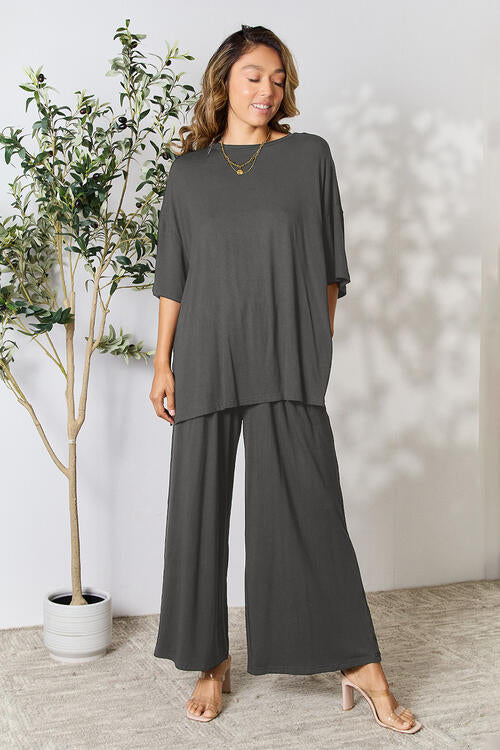 Round Neck Slit Top and Pants Set - Gray / S - Bottoms - Outfit Sets - 18 - 2024