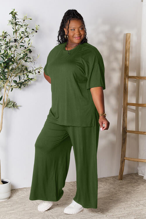 Round Neck Slit Top and Pants Set - Dark Green / S - Bottoms - Outfit Sets - 24 - 2024