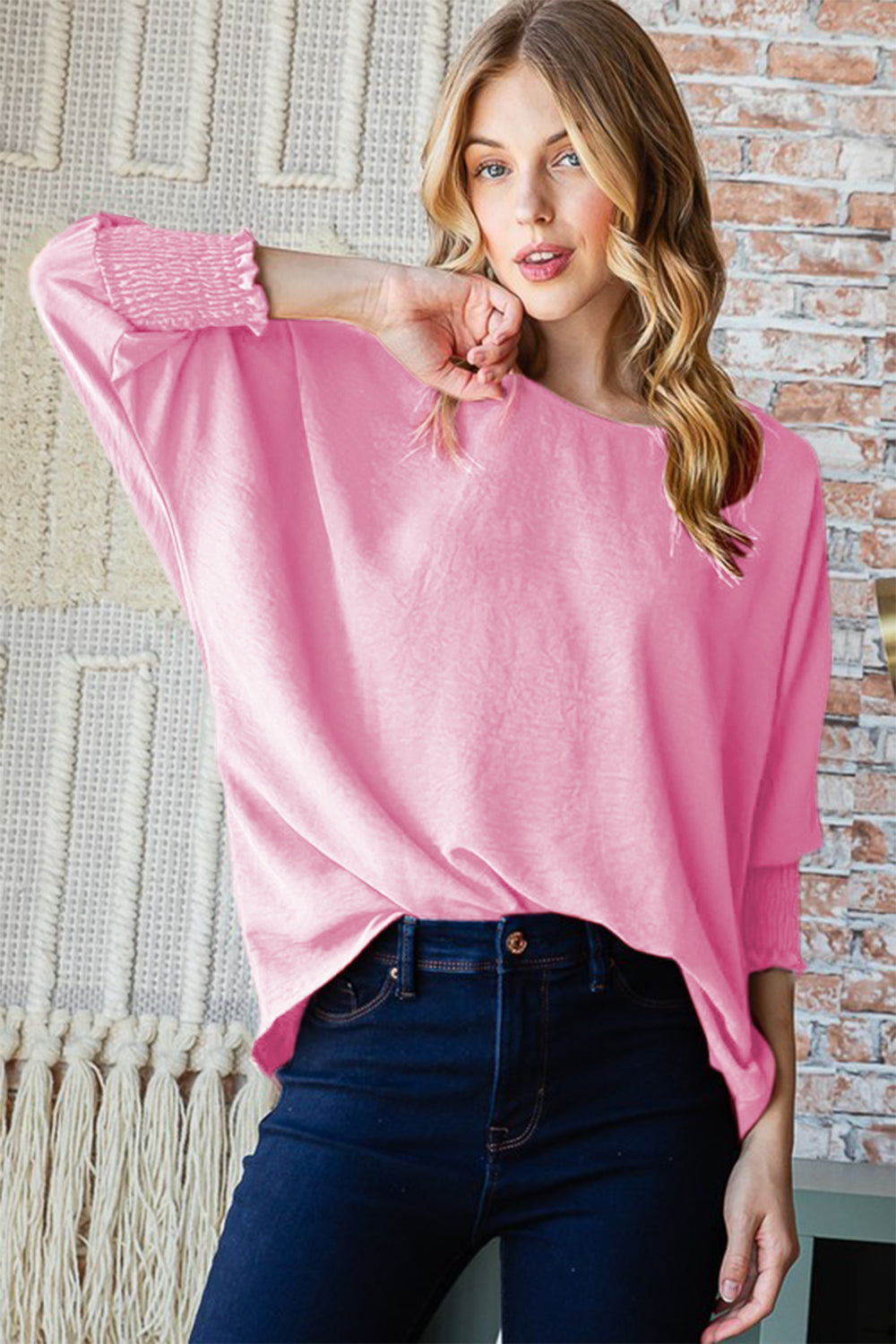 Texture Round Neck Smocked Half Sleeve Top - Tops & Tees - Clothing Tops - 3 - 2024