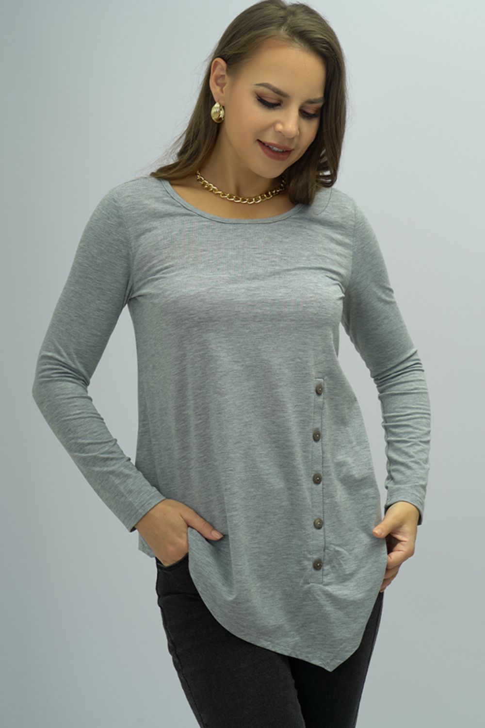 Buttoned Long Sleeve Round Neck Tee - T-Shirts - Shirts & Tops - 4 - 2024