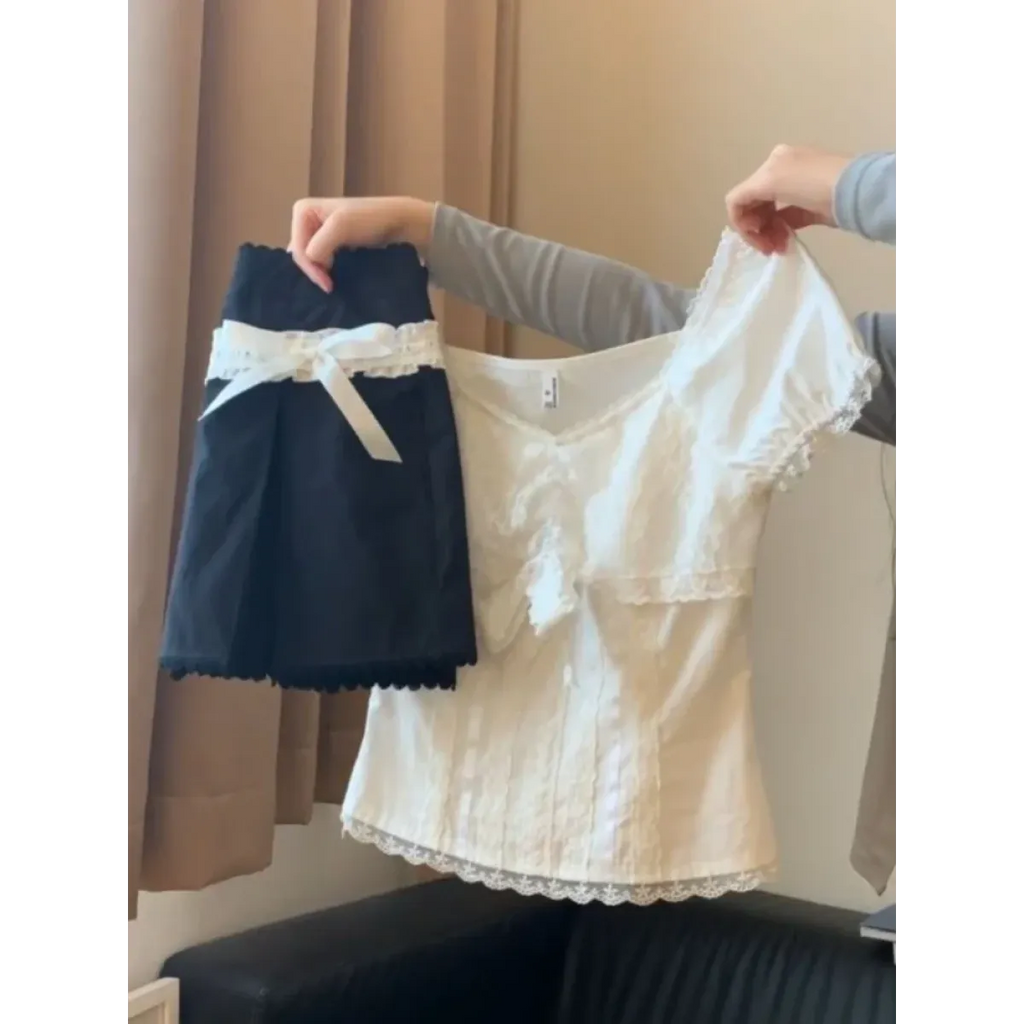 Vintage Lace Top & Ruched Bow Skirt Set - Bottoms - Sets / Co-ords - 1