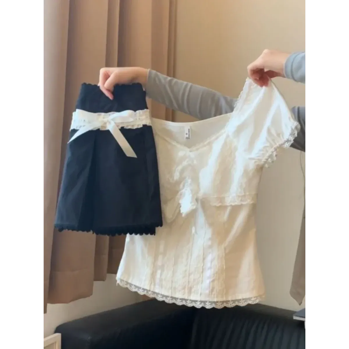 Vintage Lace Top & Ruched Bow Skirt Set - Bottoms - Sets / Co-ords - 1