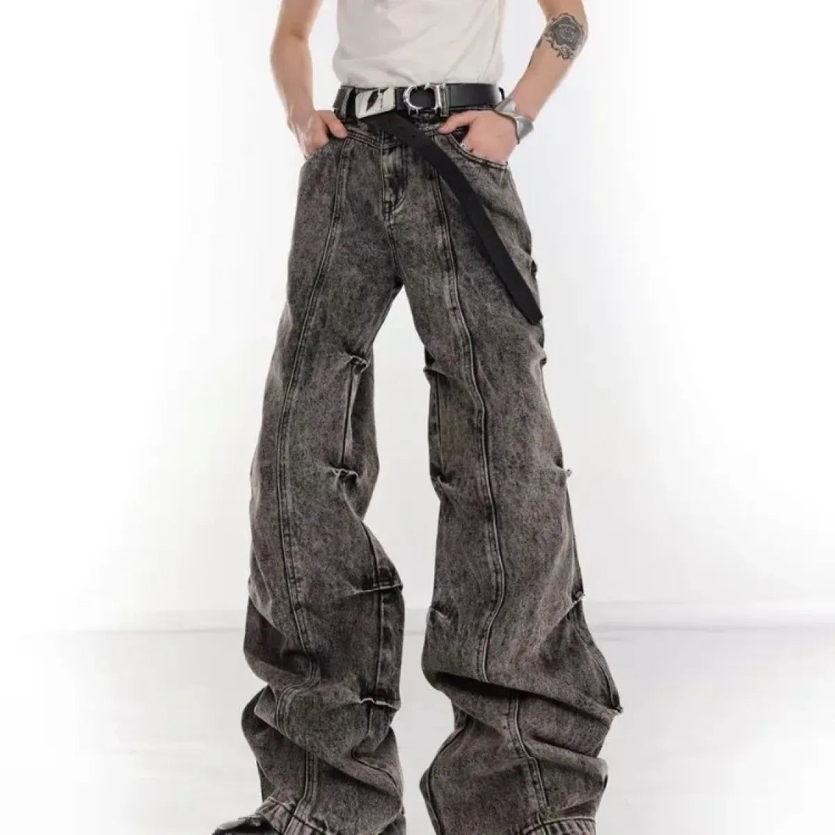 Y2K Washed Gray Ruched Flare Jeans - Bottoms - Jeans - 1