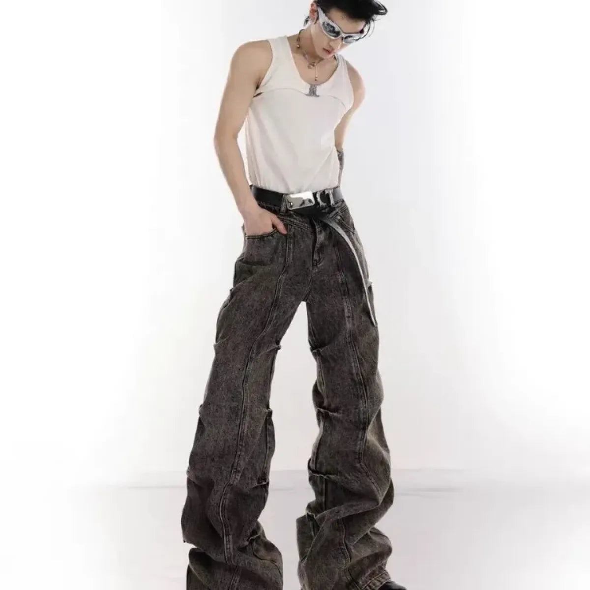 Y2K Washed Gray Ruched Flare Jeans - Bottoms - Jeans - 3