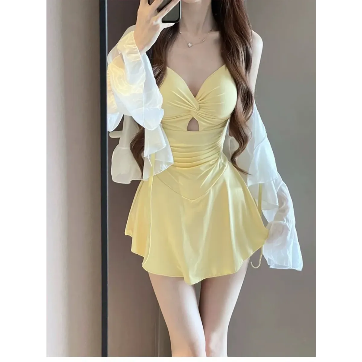 Ruched Knot Swimsuit Set – Korean Mini Dress with Sheer Cover-Up - All Dresses - Long - Swimwear - 1