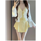 Ruched Knot Swimsuit Set – Korean Mini Dress with Sheer Cover-Up - All Dresses - Long - Swimwear - 4