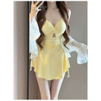 Ruched Knot Swimsuit Set – Korean Mini Dress with Sheer Cover-Up - All Dresses - Long - Swimwear - 6