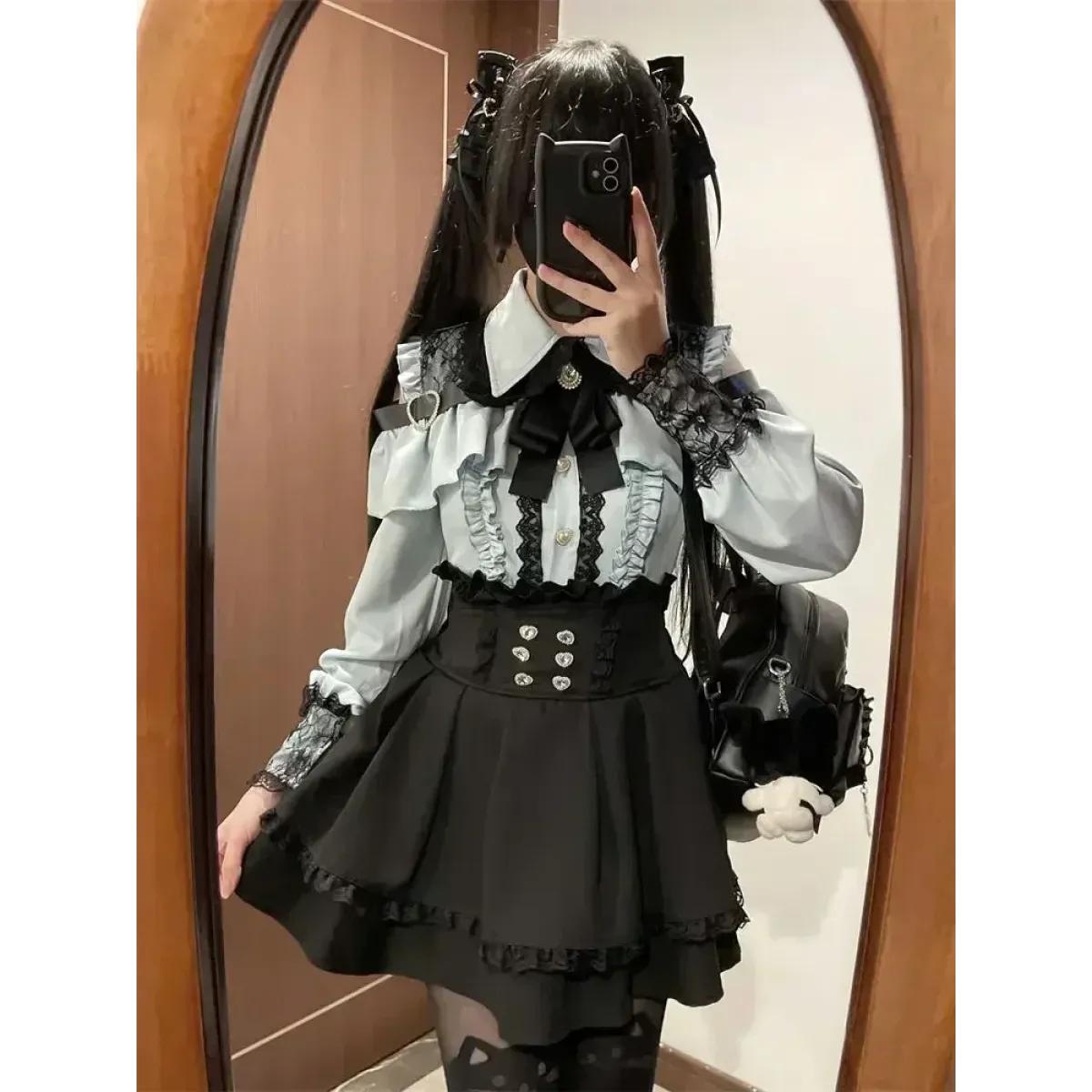 Y2K Off Shoulder Shirt and Ruched Lace Skirt Set - Bottoms - Clothing Sets - 1