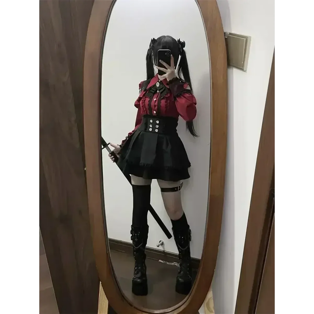 Y2K Off Shoulder Shirt and Ruched Lace Skirt Set - Bottoms - Clothing Sets - 2