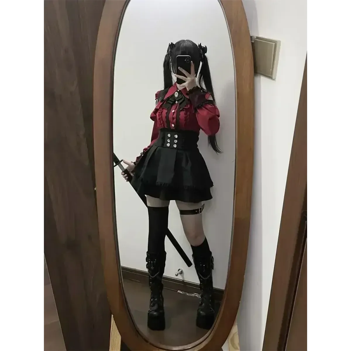 Y2K Off Shoulder Shirt and Ruched Lace Skirt Set - Bottoms - Clothing Sets - 2