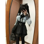 Y2K Off Shoulder Shirt and Ruched Lace Skirt Set - Bottoms - Clothing Sets - 3