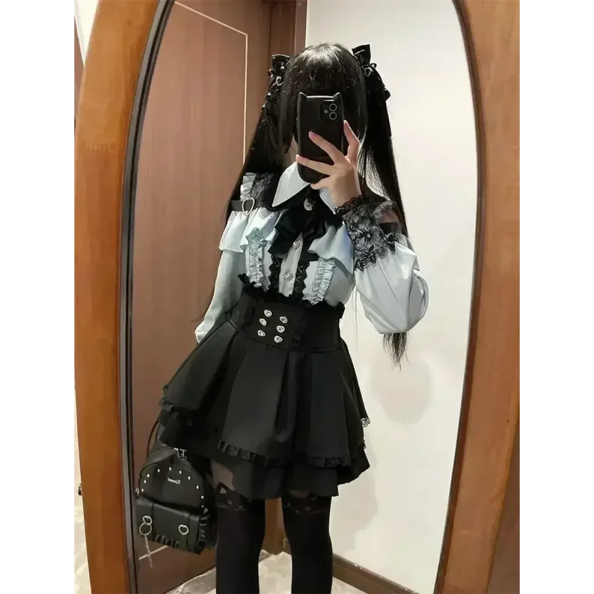 Y2K Off Shoulder Shirt and Ruched Lace Skirt Set - Bottoms - Clothing Sets - 3