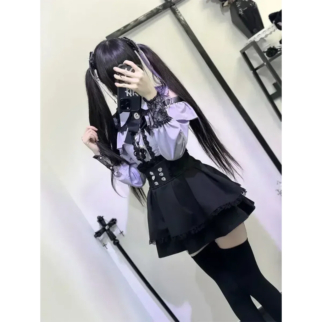 Y2K Off Shoulder Shirt and Ruched Lace Skirt Set - Bottoms - Clothing Sets - 4