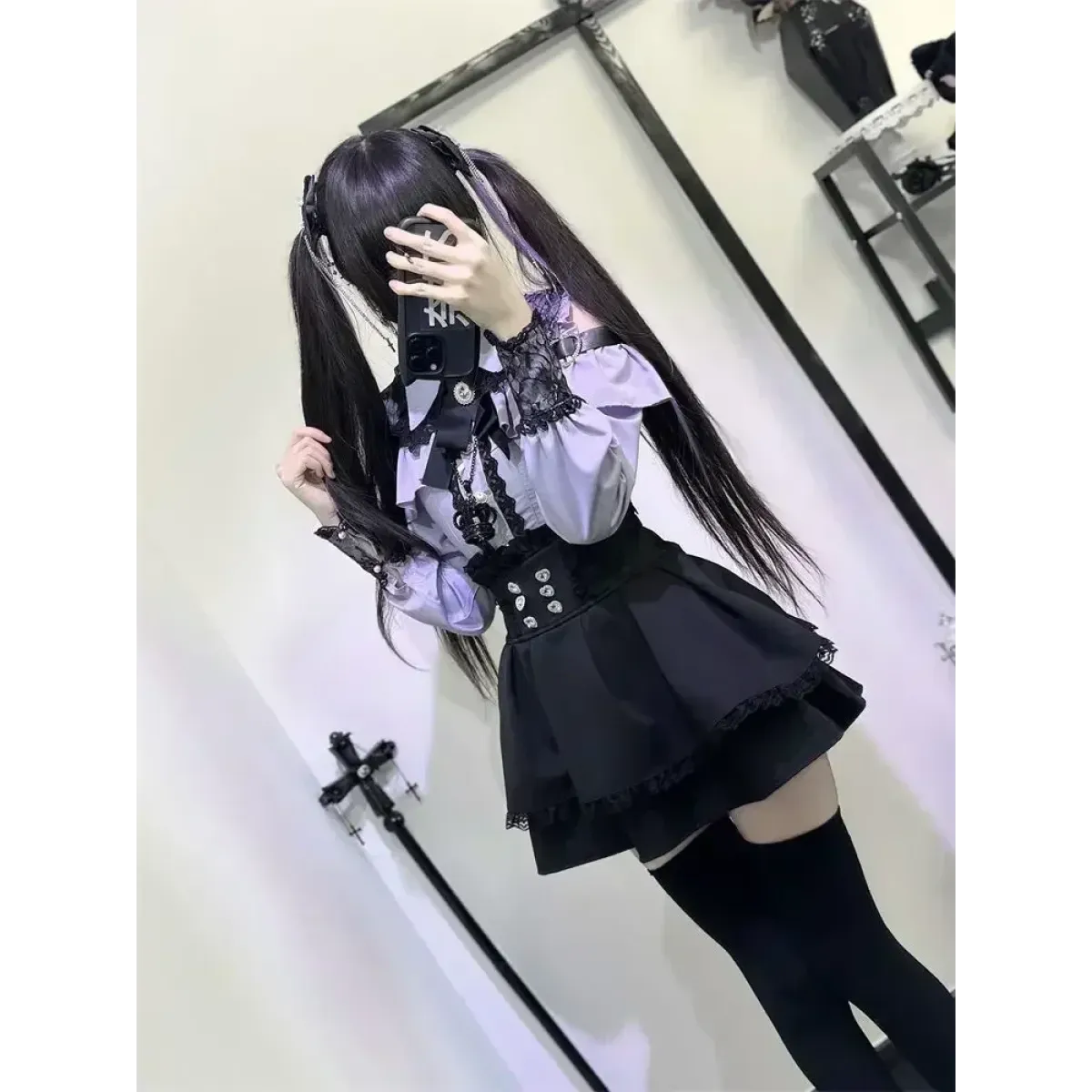 Y2K Off Shoulder Shirt and Ruched Lace Skirt Set - Bottoms - Clothing Sets - 4