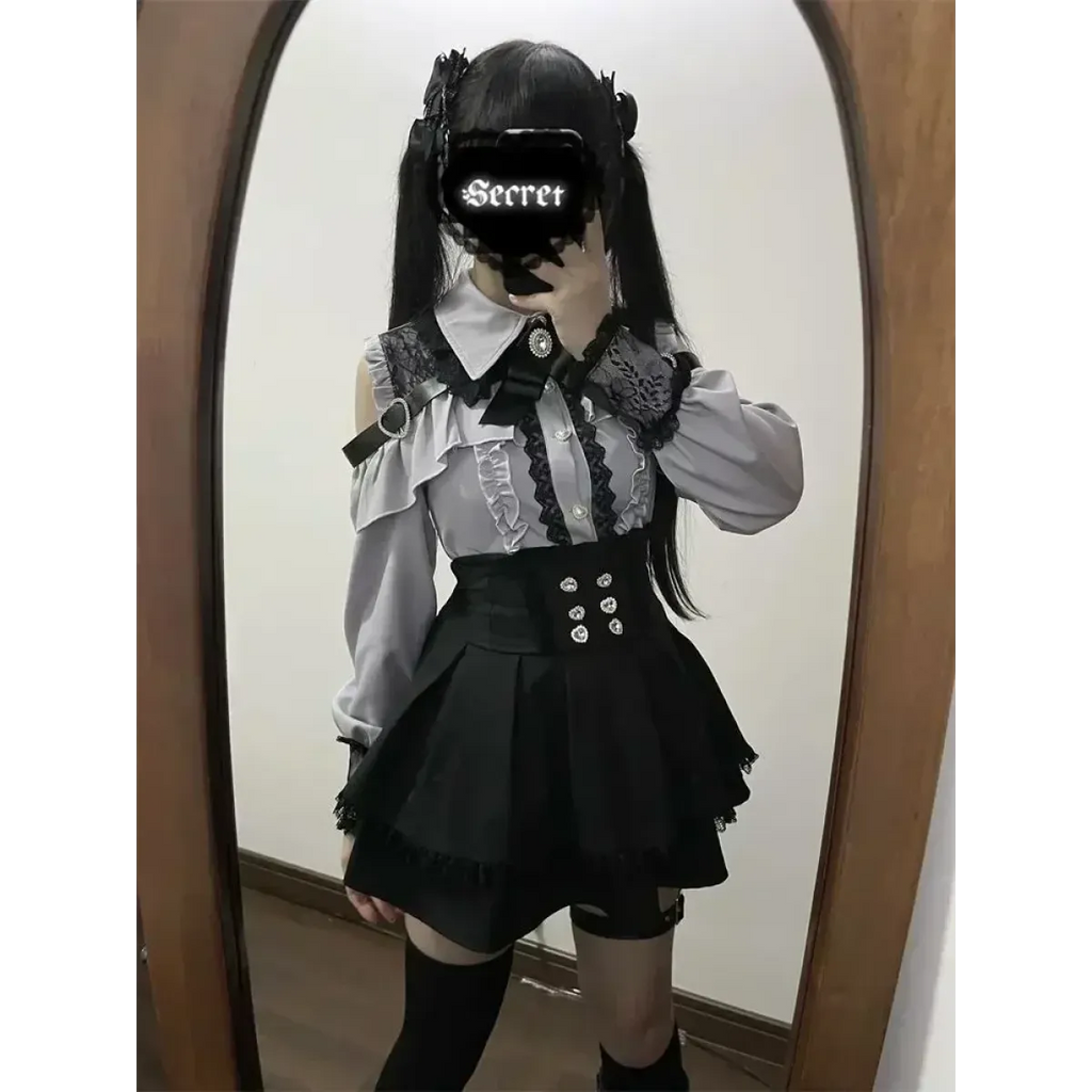 Y2K Off Shoulder Shirt and Ruched Lace Skirt Set - Bottoms - Clothing Sets - 5