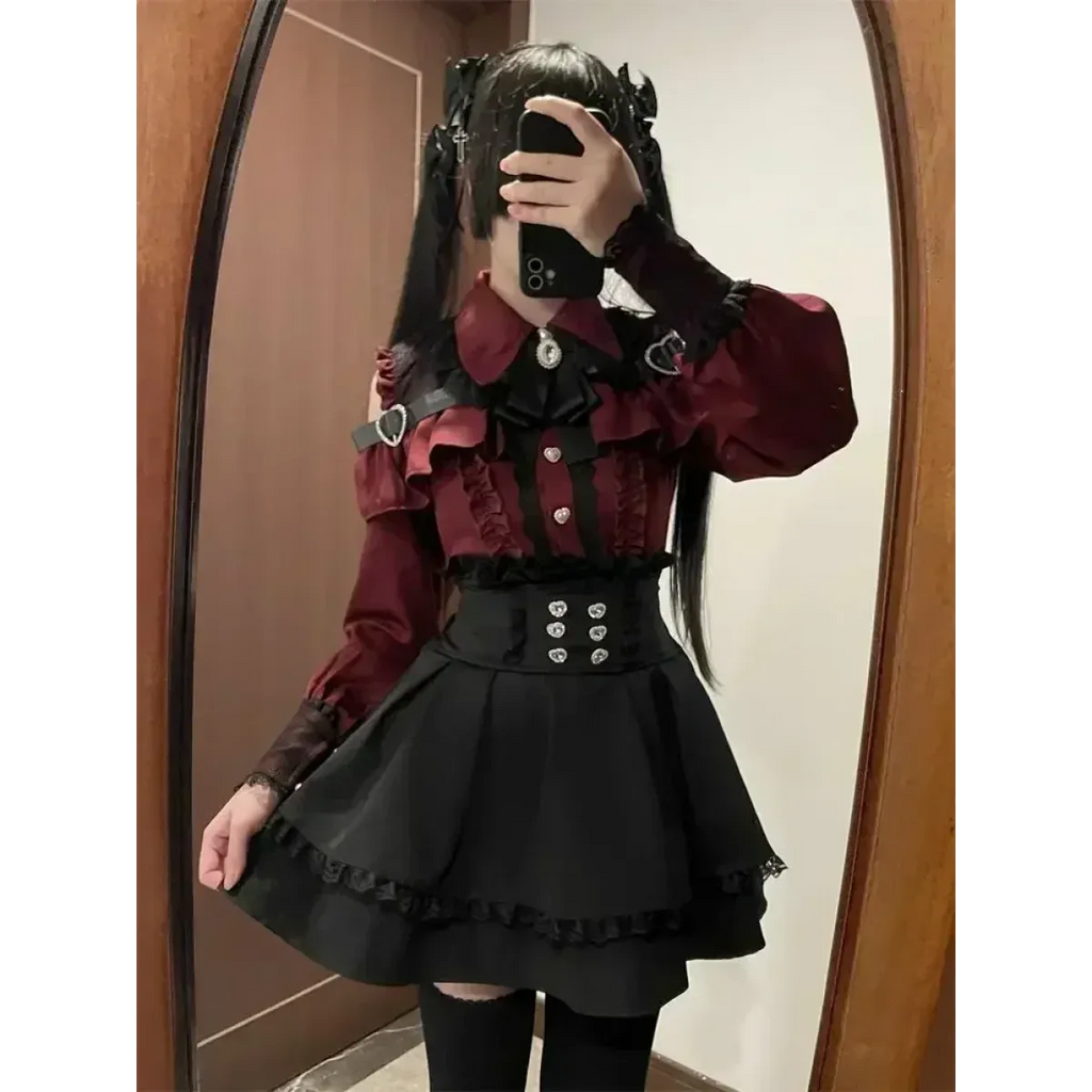 Y2K Off Shoulder Shirt and Ruched Lace Skirt Set - Bottoms - Clothing Sets - 7