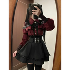 Y2K Off Shoulder Shirt and Ruched Lace Skirt Set - Bottoms - Clothing Sets - 7