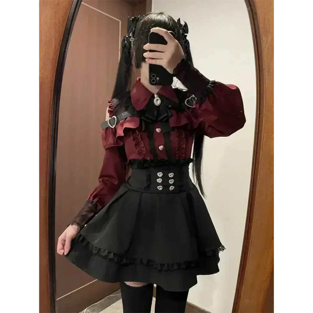 Y2K Off Shoulder Shirt and Ruched Lace Skirt Set - Bottoms - Clothing Sets - 7