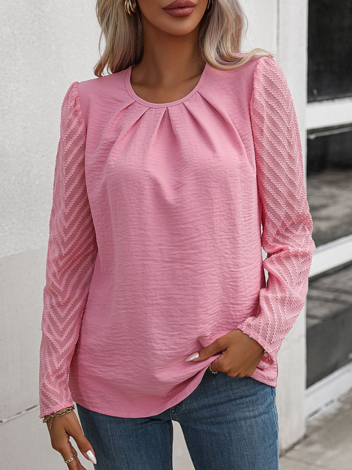 Ruched Round Neck Puff Sleeve Blouse - Pink / S - Women’s Clothing & Accessories - Shirts & Tops - 1 - 2024