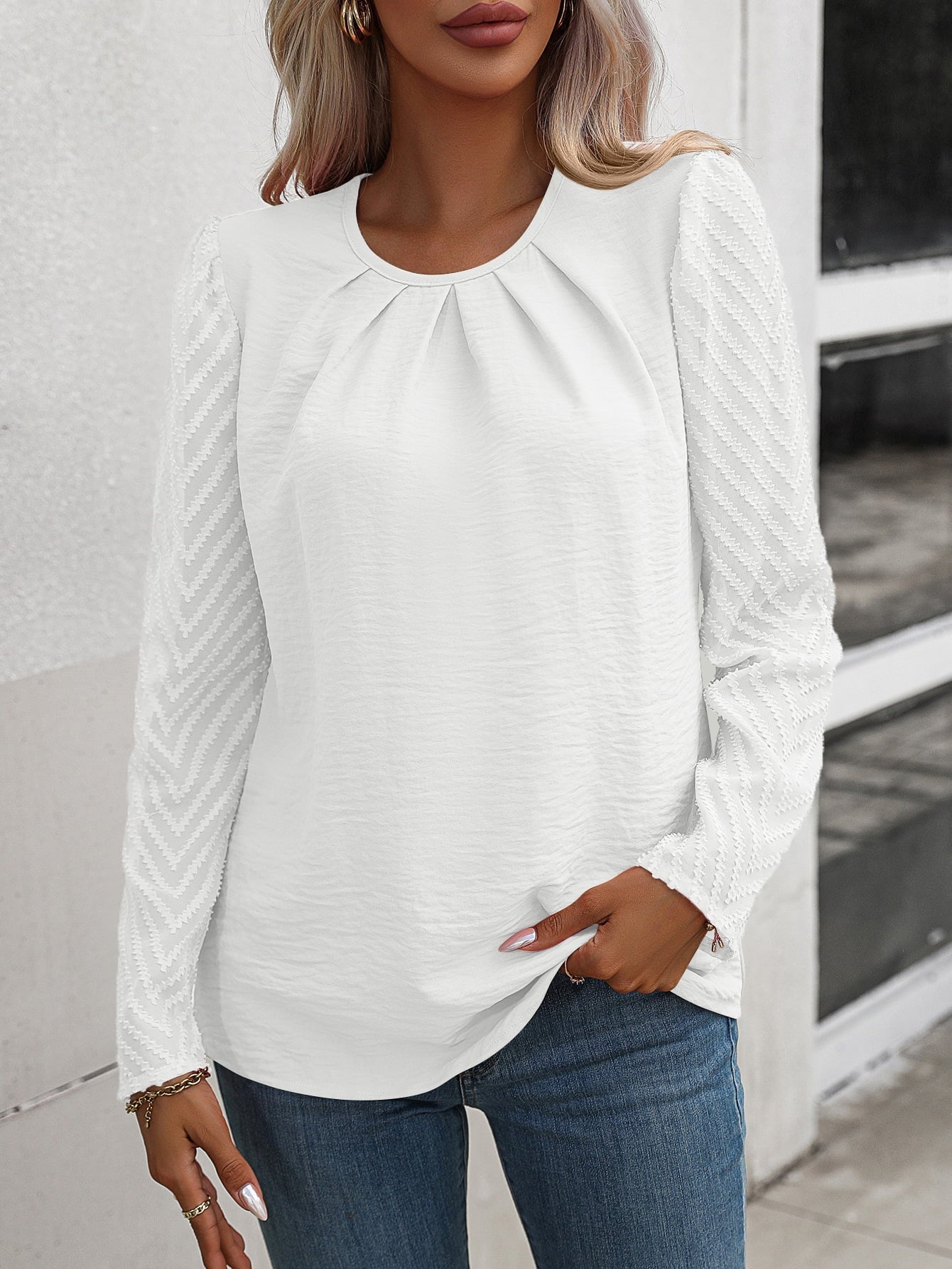 Ruched Round Neck Puff Sleeve Blouse - White / S - Women’s Clothing & Accessories - Shirts & Tops - 10 - 2024