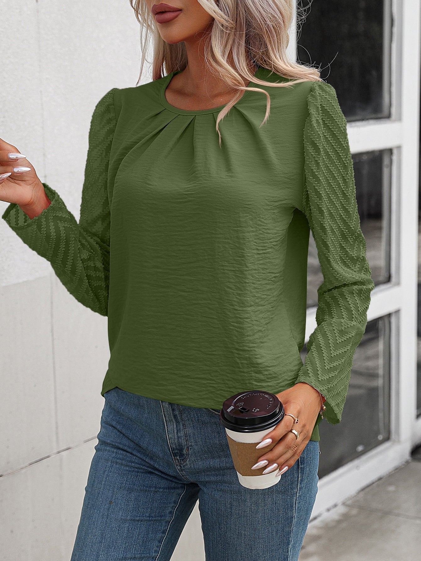 Ruched Round Neck Puff Sleeve Blouse - Women’s Clothing & Accessories - Shirts & Tops - 5 - 2024