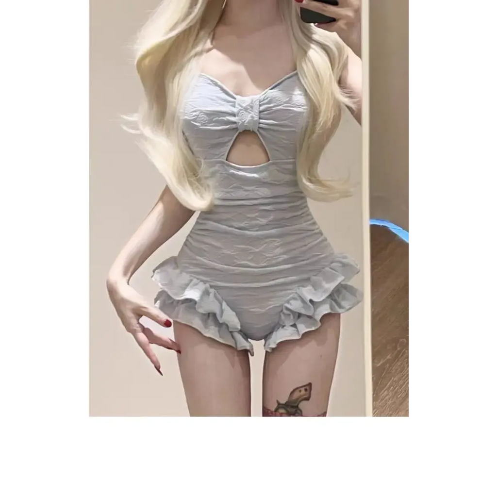 Ruched Ruffle Bodysuit Bikini – Korean Swimsuit Set with Mesh Cover - Tops & Tees - Sleeveless - Swimwear - 3