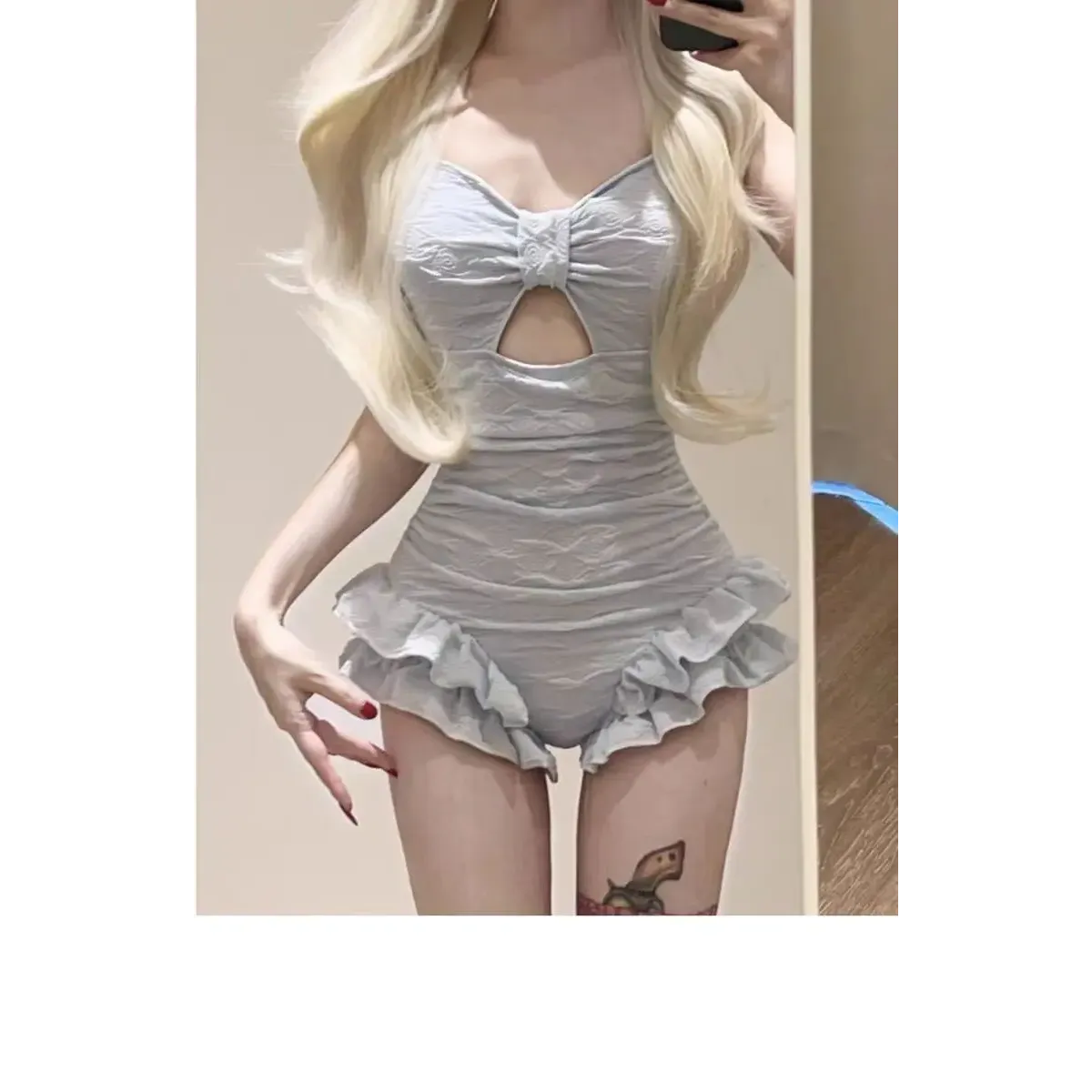 Ruched Ruffle Bodysuit Bikini – Korean Swimsuit Set with Mesh Cover - Tops & Tees - Sleeveless - Swimwear - 3