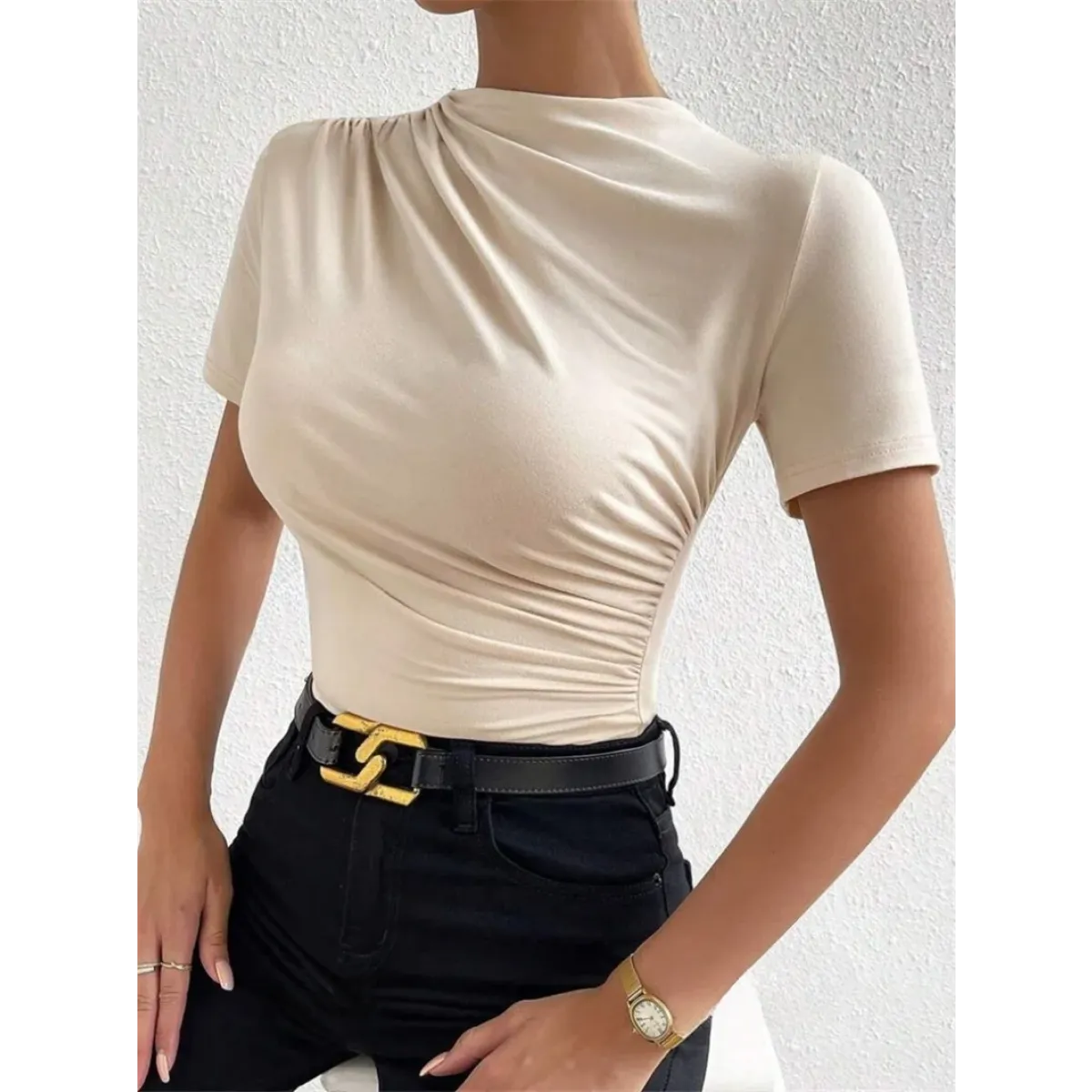 Ruched Short Sleeve Bodysuit One-Piece - Tops & Tees - Intimates - 3