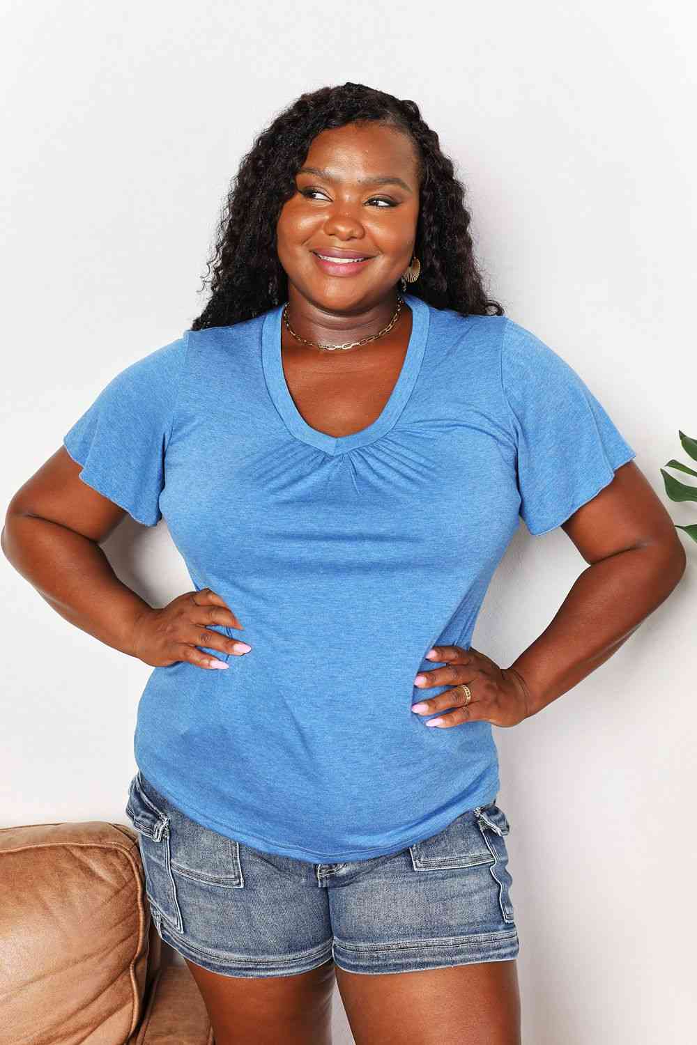 Ruched V-Neck Short Sleeve T-Shirt - Sky Blue / S - T-Shirts - Shirts & Tops - 1 - 2024