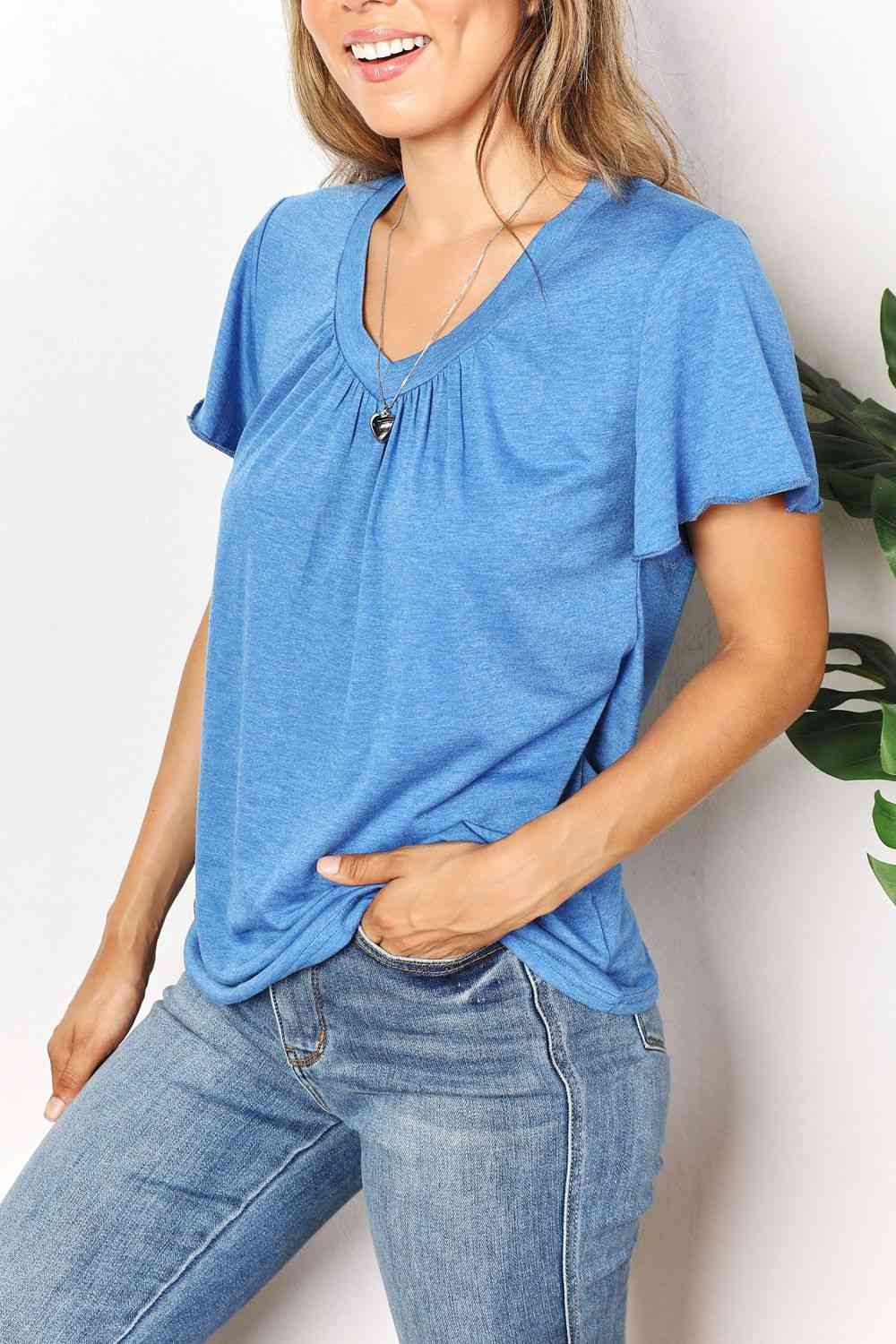 Ruched V-Neck Short Sleeve T-Shirt - T-Shirts - Shirts & Tops - 9 - 2024