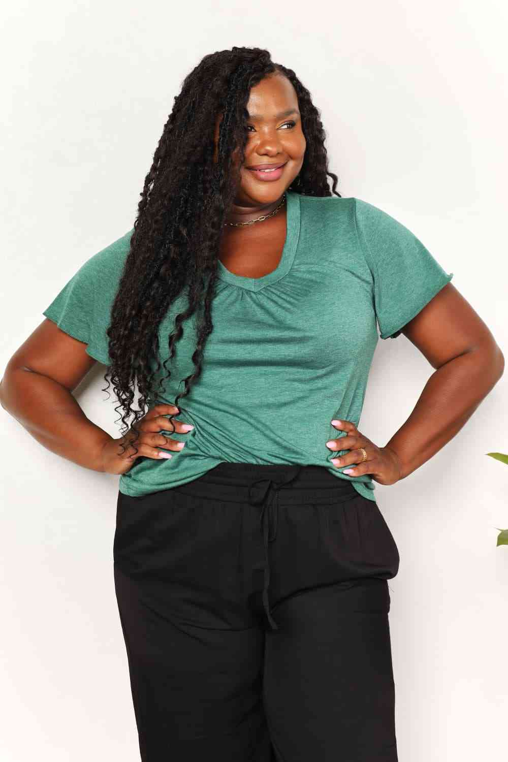 Ruched V-Neck Short Sleeve T-Shirt - Mid Green / S - T-Shirts - Shirts & Tops - 12 - 2024