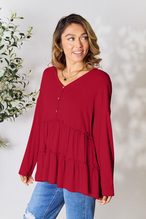 Half Button Long Sleeve Ruffle Hem Blouse - Wine / S - Women’s Clothing & Accessories - Shirts & Tops - 6 - 2024