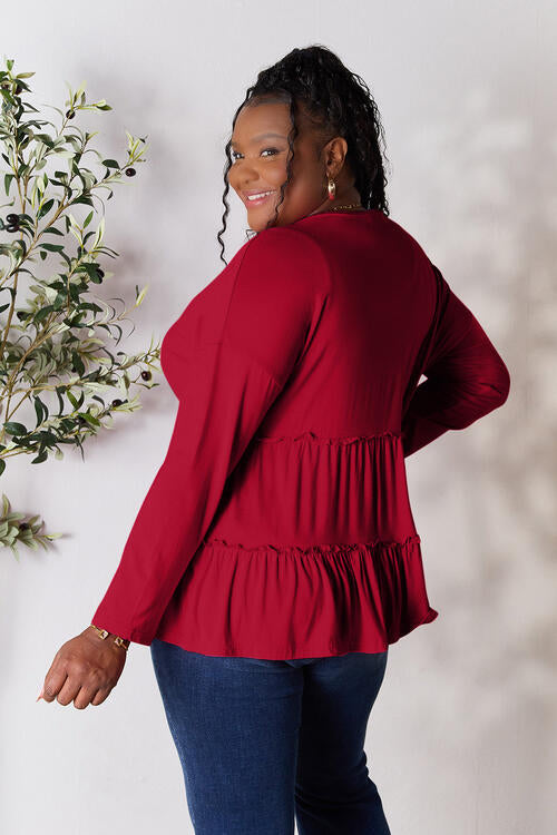 Half Button Long Sleeve Ruffle Hem Blouse - Women’s Clothing & Accessories - Shirts & Tops - 9 - 2024