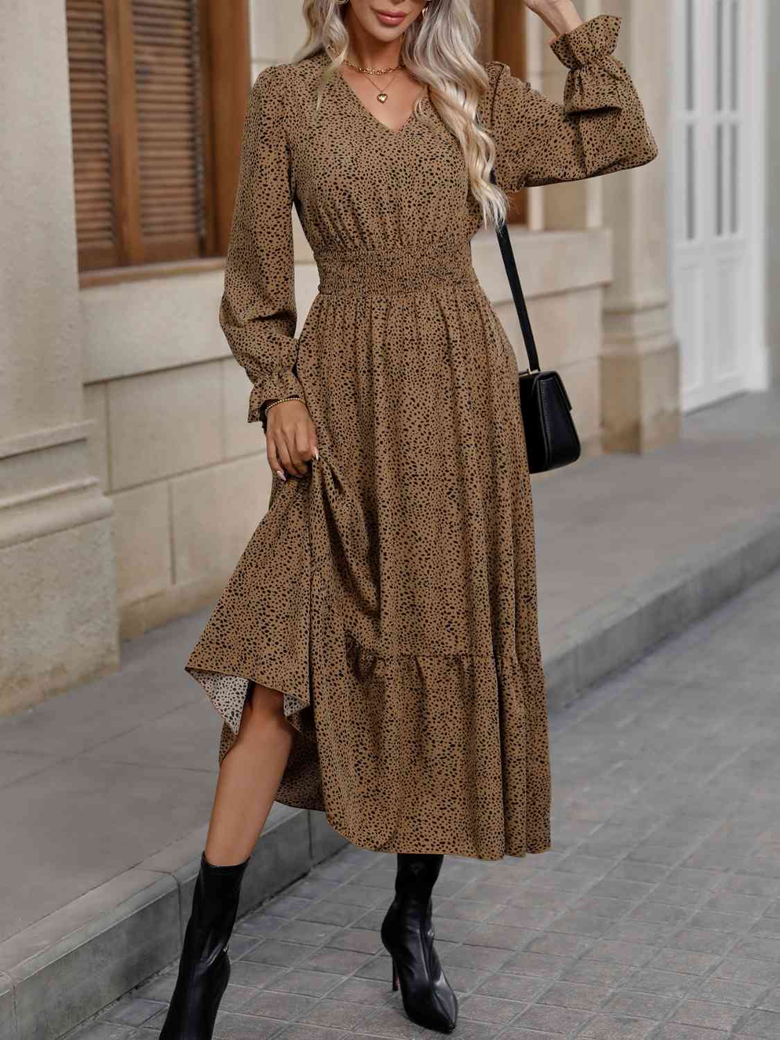 V-Neck Flounce Sleeve Ruffle Hem Dress - All Dresses - Dresses - 4 - 2024