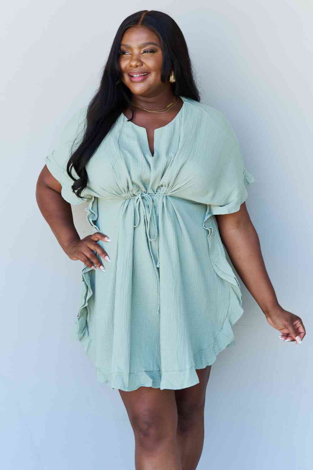 Out Of Time Full Size Ruffle Hem Dress with Drawstring Waistband in Light Sage - Light Sage / S - All Dresses - Dresses