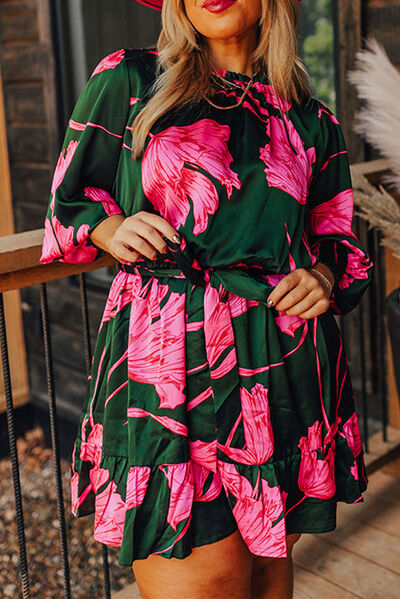 Plus Size Printed Lantern Sleeve Ruffle Hem Dress - Green / 1XL - All Dresses - Dresses - 1 - 2024