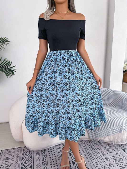 Printed Off-Shoulder Ruffle Hem Dress - Blue / S - All Dresses - Dresses - 1 - 2024