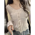 Ruffle Knit Cardigan – Harajuku Lace Trim Slim Fit Sweater - Sweaters - Long - Round - Sweaters - 1