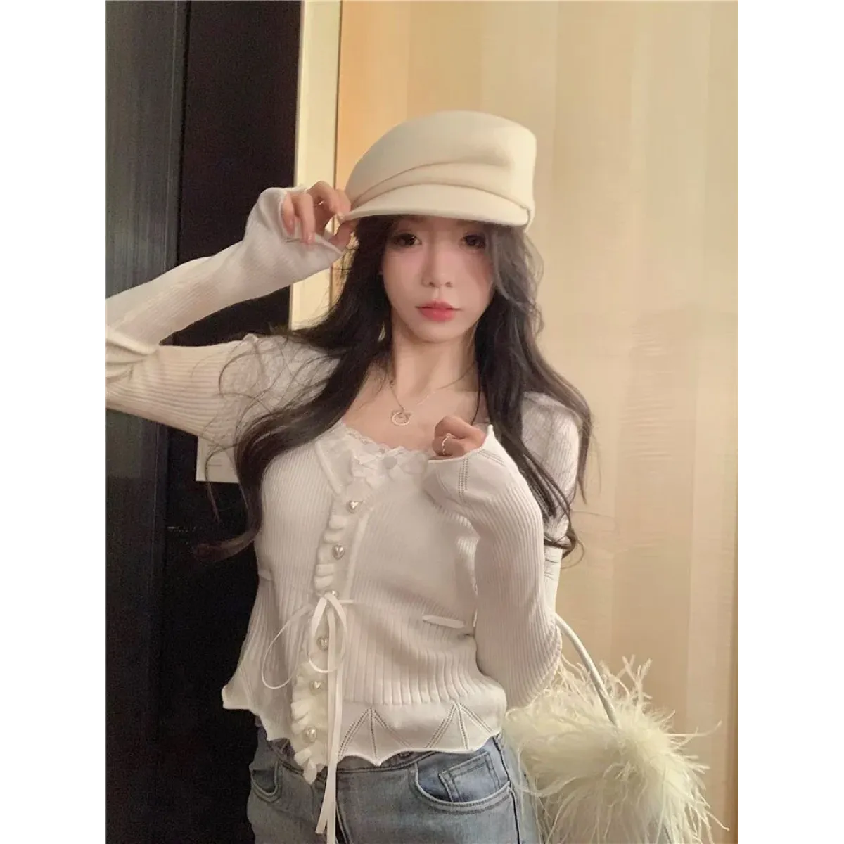 Ruffle Knit Cardigan – Harajuku Lace Trim Slim Fit Sweater - Sweaters - Long - Round - Sweaters - 5