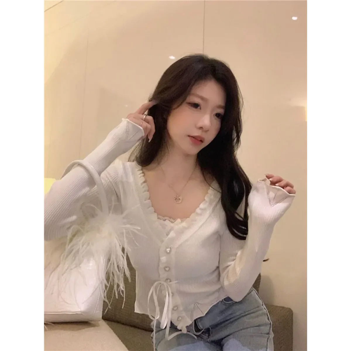 Ruffle Knit Cardigan – Harajuku Lace Trim Slim Fit Sweater - Sweaters - Long - Round - Sweaters - 3