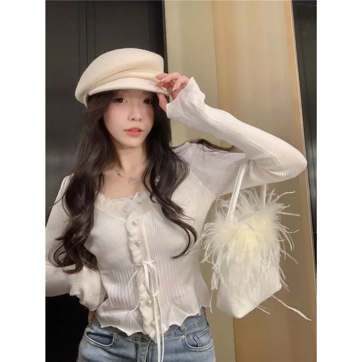 Ruffle Knit Cardigan – Harajuku Lace Trim Slim Fit Sweater - Sweaters - Long - Round - Sweaters - 6