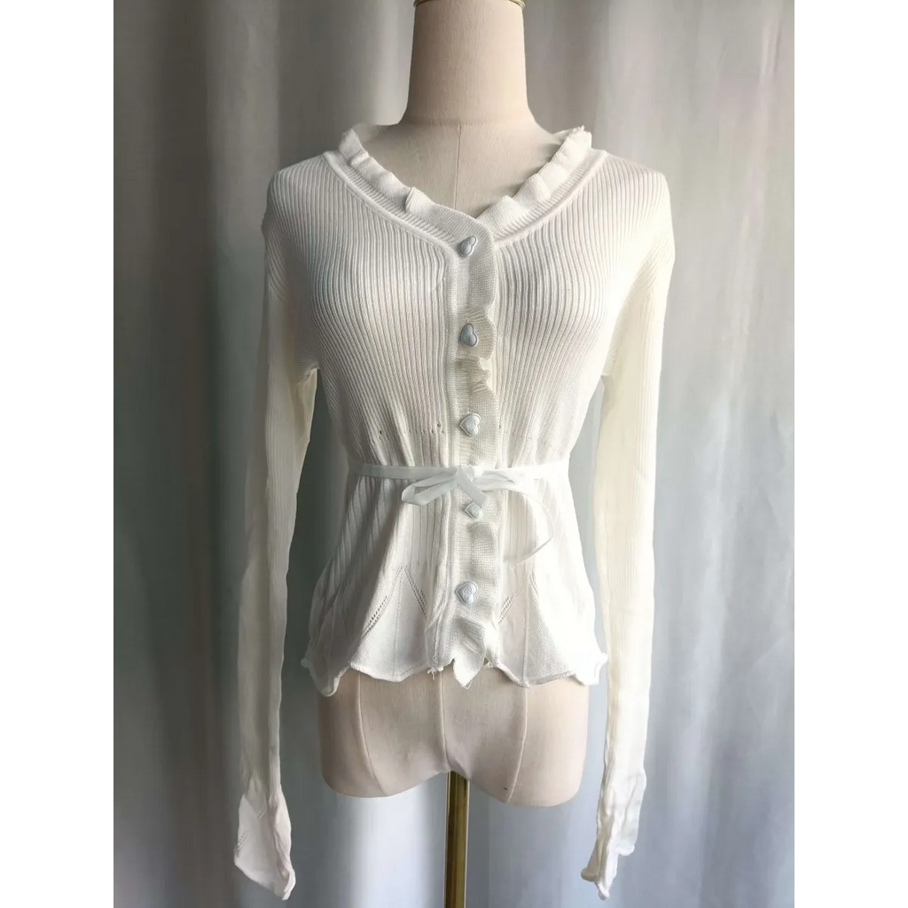 Ruffle Knit Cardigan – Harajuku Lace Trim Slim Fit Sweater - Sweaters - Long - Round - Sweaters - 8