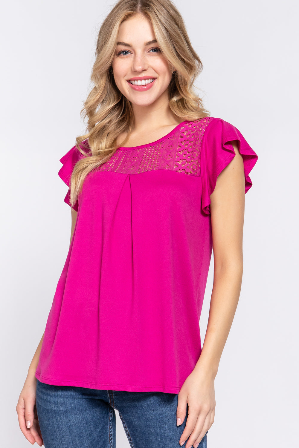 Ruffle Short Sleeve Lace Detail Knit Top - Pink / S - Tops & Tees - Clothing Tops - 1 - 2024