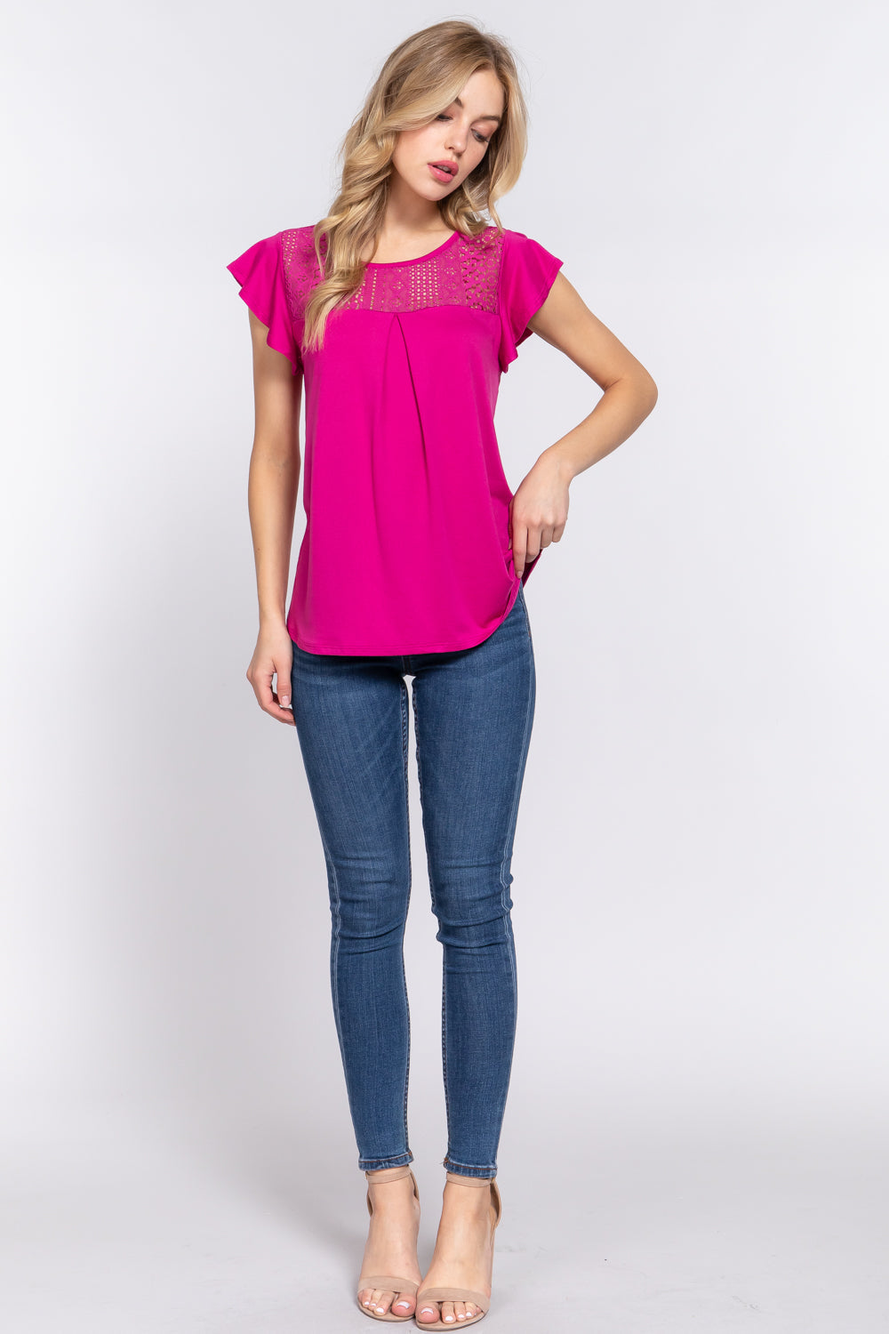 Ruffle Short Sleeve Lace Detail Knit Top - Tops & Tees - Clothing Tops - 4 - 2024