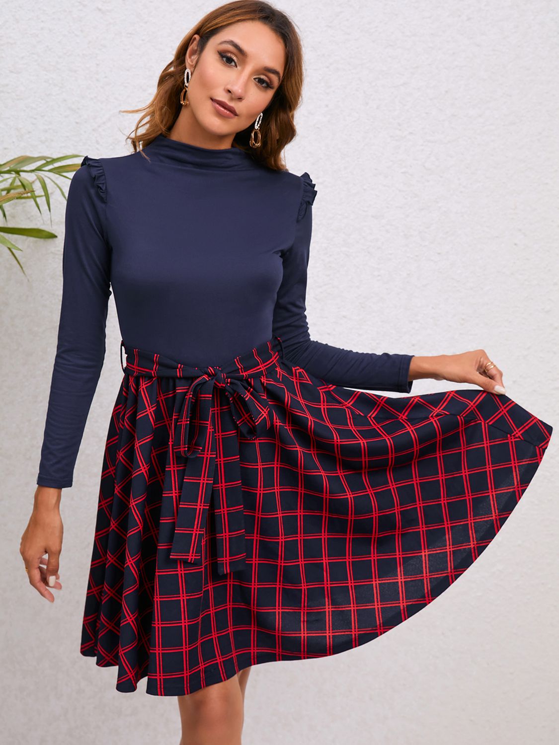 Plaid Tie Waist Ruffle Shoulder Dress - All Dresses - Dresses - 3 - 2024