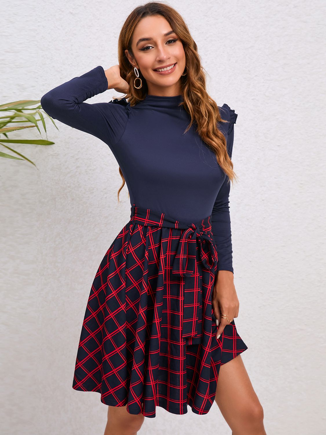 Plaid Tie Waist Ruffle Shoulder Dress - All Dresses - Dresses - 5 - 2024